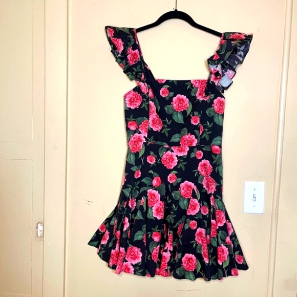 Roses Godet Dress ruffle sleeve flowy, Black - Picture 2 of 15